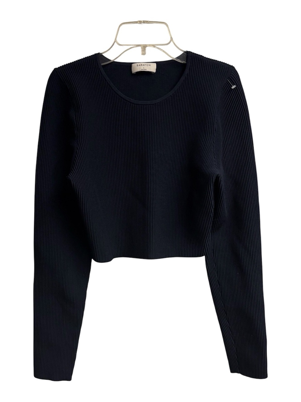 Babaton Aritzia Navy Ribbed Knit Crewneck Fitted Crop Long Sleeve Top Size Large